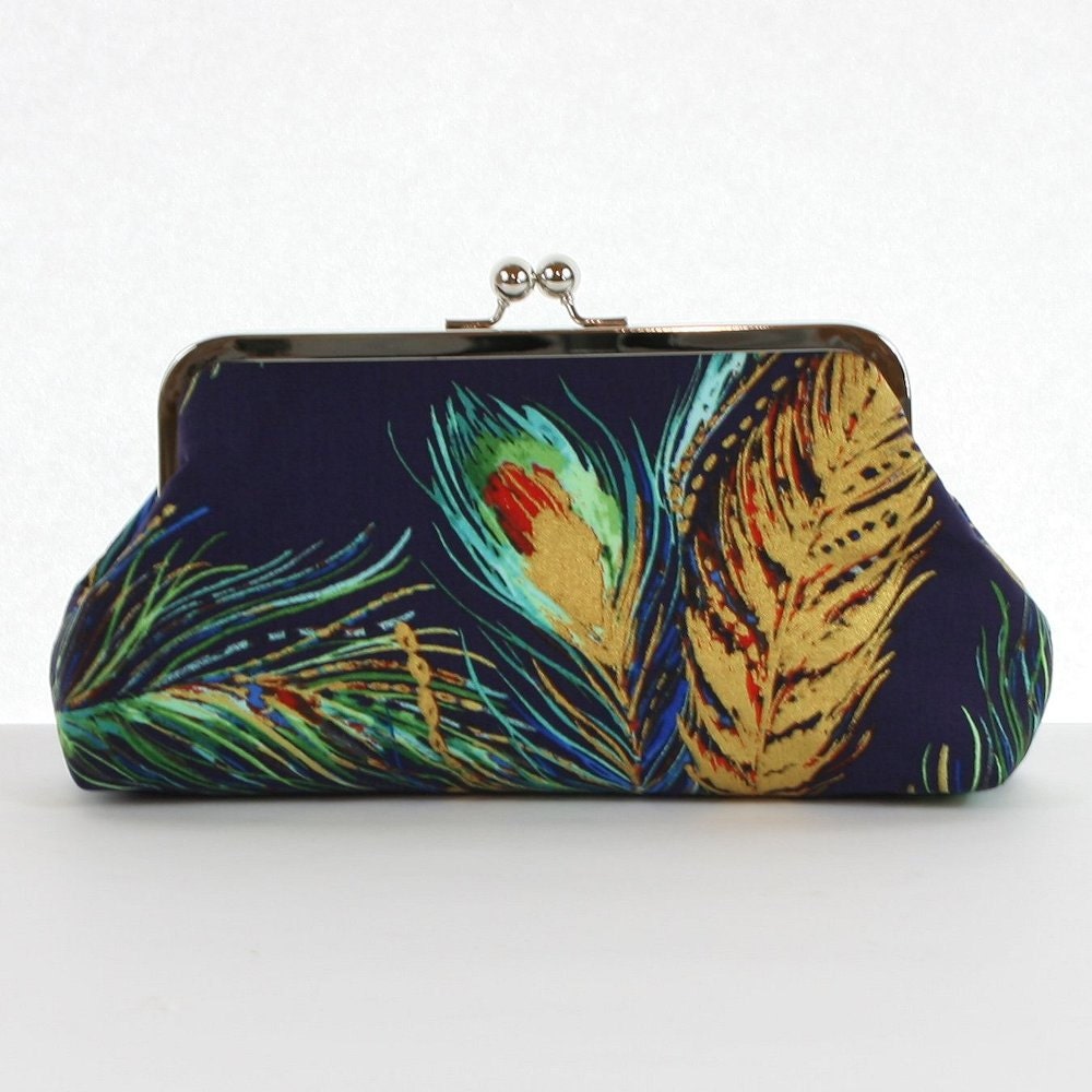 Navy Gold Peacock Feather Clutch Purse/Peacock Wedding Bridesmaid Gift