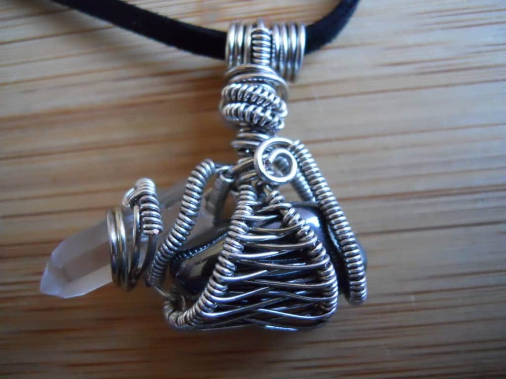 Hematite Quartz Pendant Tumbled Stone and Point  Wire Wrapped in Titanium Parawire