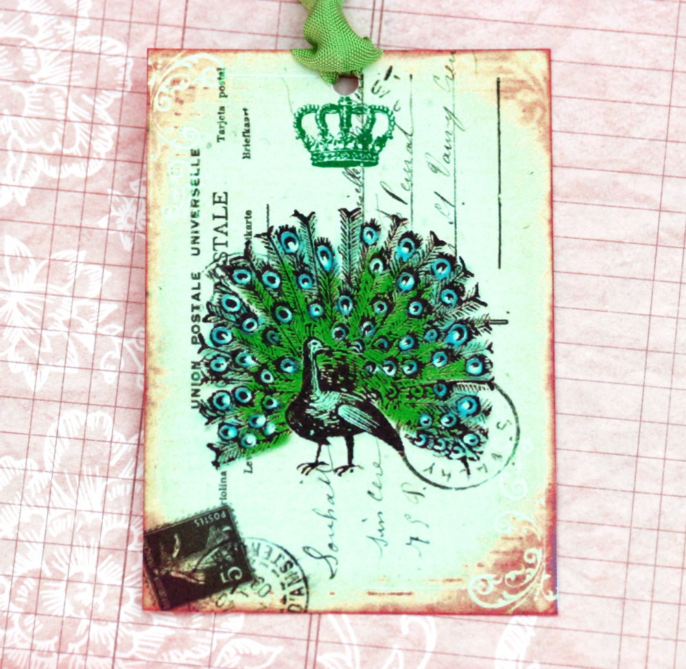 Vintage French Peacock  Postcard Tags