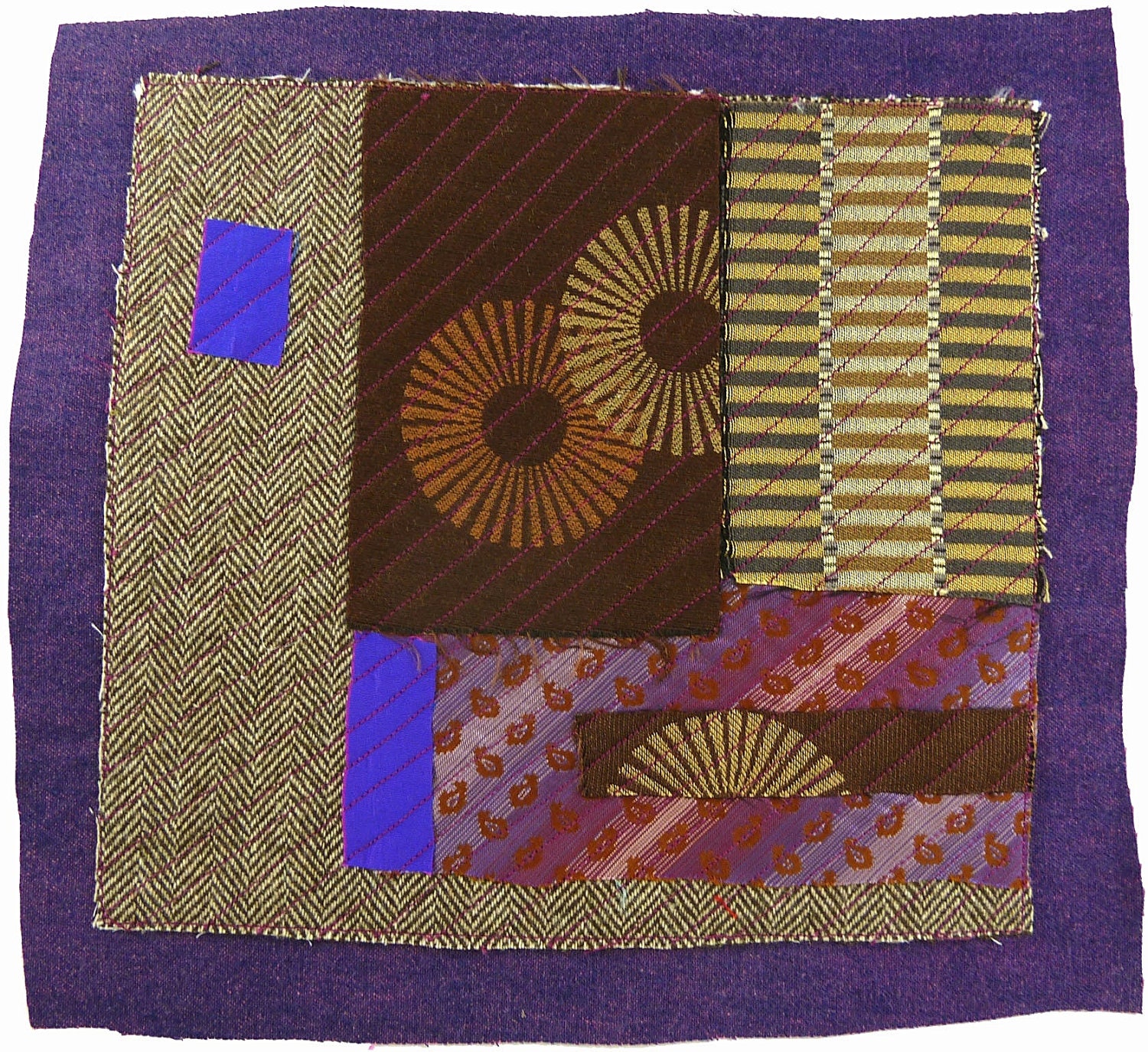 9.21.2012 small art quilt, contemporary, abstract, square, brown, purple, maroon, gold, beige, pink, electric blue