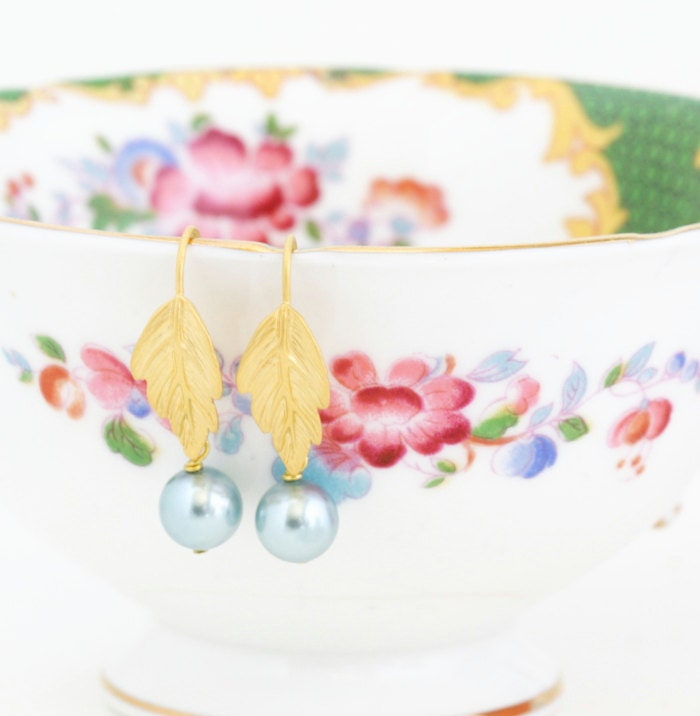 Blue Pearl Earrings - Gold Leaf Earrings - Wedding Jewelry, Drop Earrings, Memorial Day Sale
