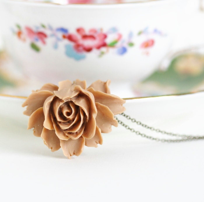 Statement Necklace, Rose Necklace - Flower Necklace - Brown Beige Jewelry - Delicate and Feminine