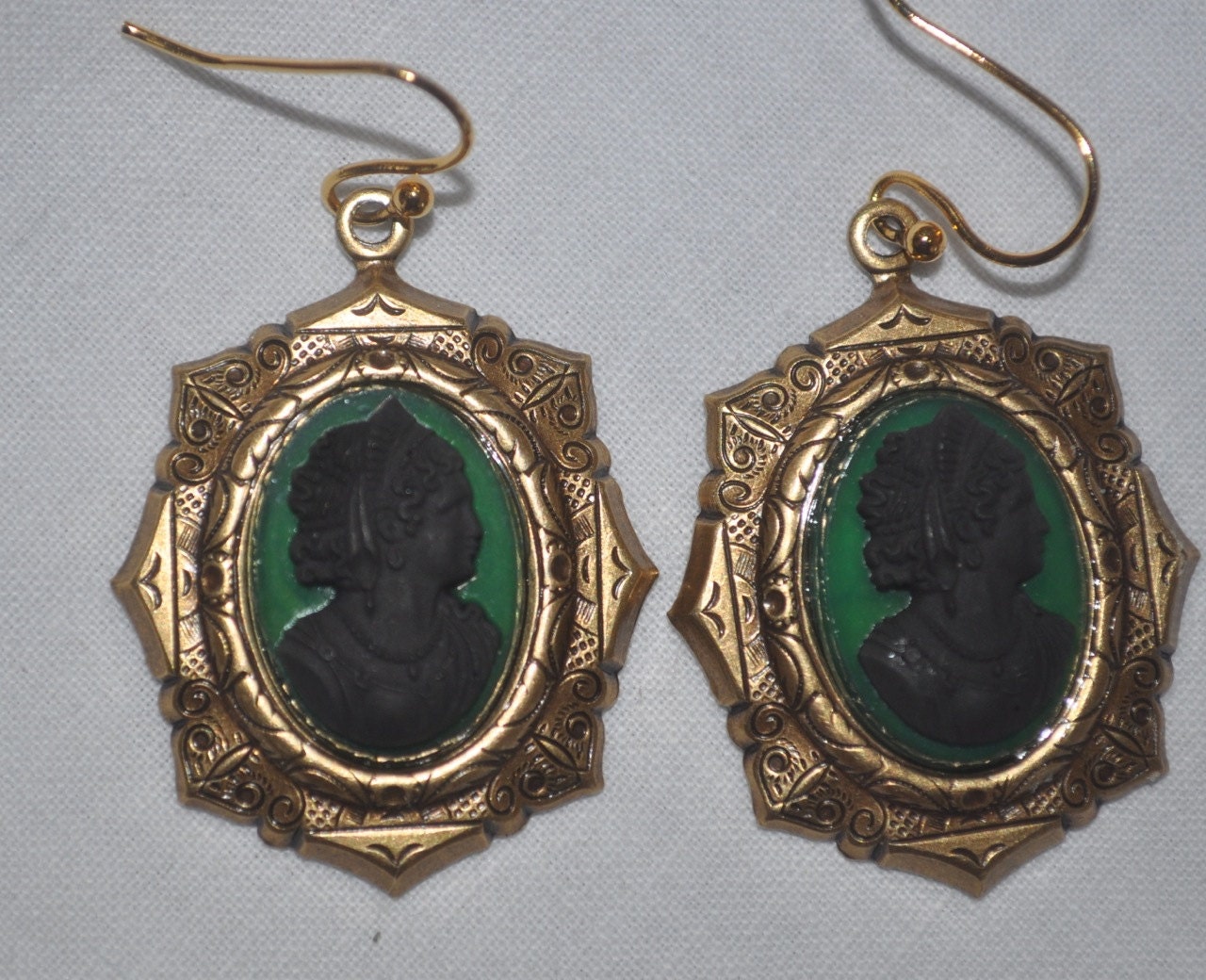 Green and black vintage glass cameo repurposed earrings