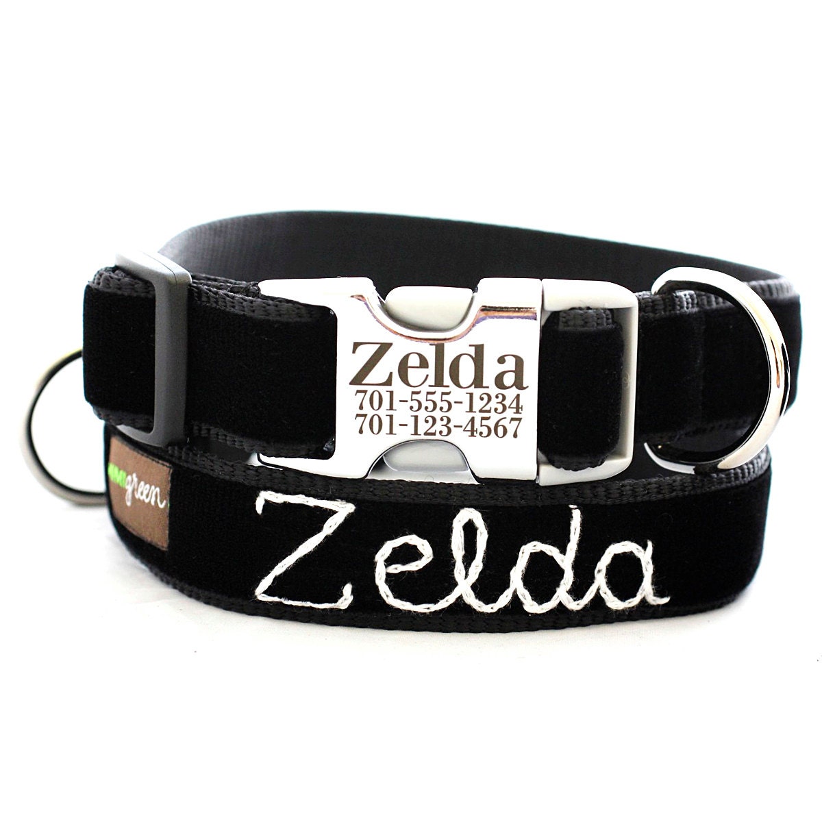 Metal Buckle Lazer Engraved Personalized Velvet Dog Collar - 14 Colors - With Hand Embroidered Name