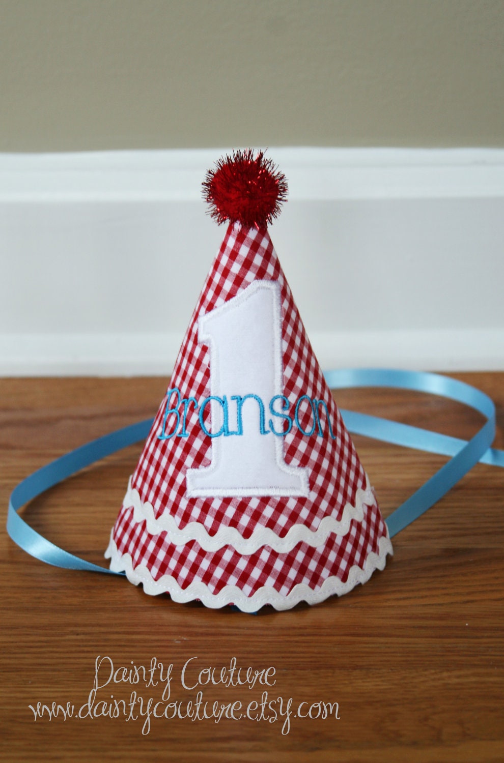 Boys First Birthday Hat - Red gingham, aqua, and white - Free personalization