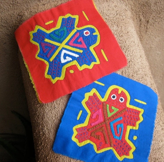 SALE - Two Adorable Sea Turtle Mola Minis - Kuna Indian Hand Sewn Reverse Applique