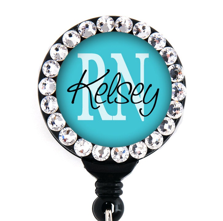 Retractable ID Badge Holder - Personalized RN and other abbreviations Blue with Swarovski Rhinestones