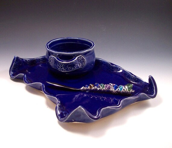 Pottery Dip Cup with Jeweled Spreader and Matching Cheese Tray in Royal Blue