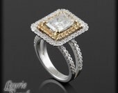 Radiant Cut Moissanite Engagment Ring with Yellow Sapphire and Diamond Double Halo - LS1361