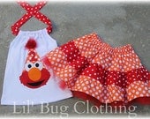 Elmo Polka Dot Birthday Hat Orange and Red Tiered Skirt and Halter Top Spring Summer  Set Birthday Girl Bow