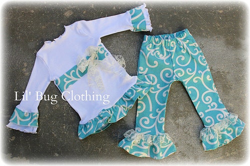 Custom Boutique Teal And Cream Swirls With Lace Bow Tee And Pant Outfit Girl 3m 6m 9m 12m 18m 2T 3T 4T 5T 6 7 girl.