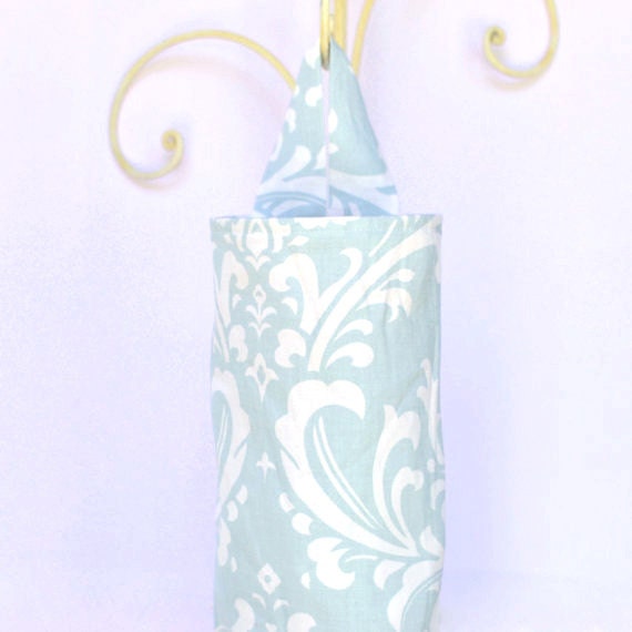 Fabric Plastic Grocery Bag Holder Smoky Light Blue and White Flourish - ablemabel