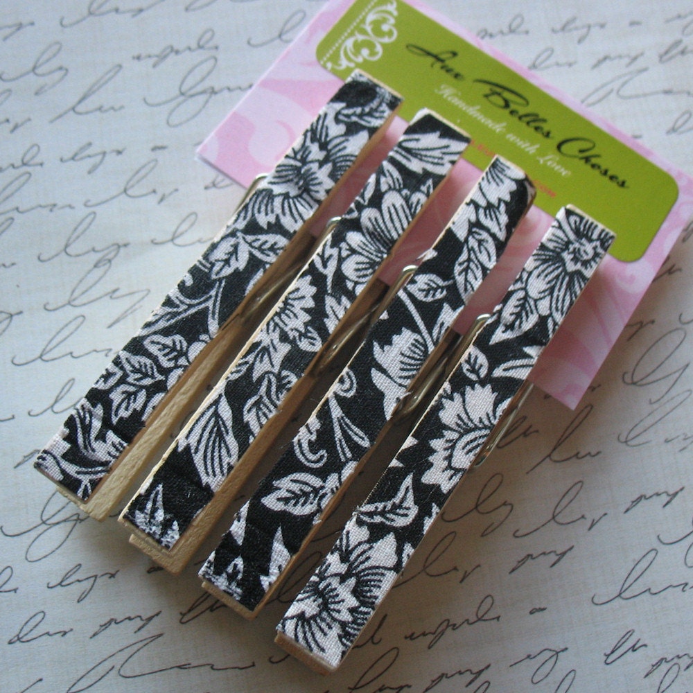 Black and White Floral Fabric Covered Clothespin Magnets - Set of 4