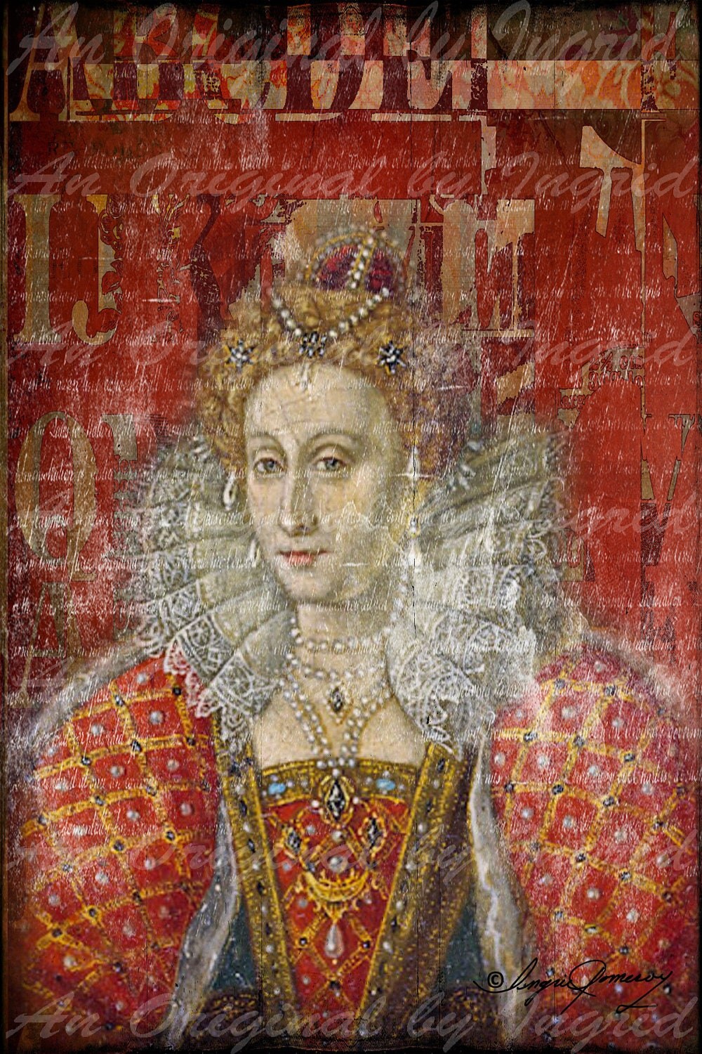 Queen in Red Digital Collage Greeting Card (Suitable for Framing)