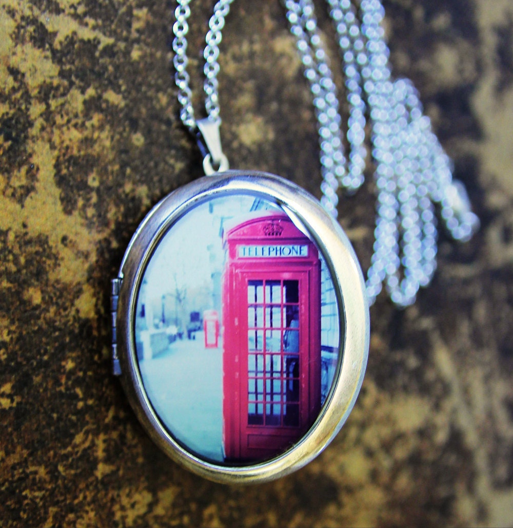 Photo Locket - Hanging On The Telephone - Red Phone Booth in London England - Travel Photography