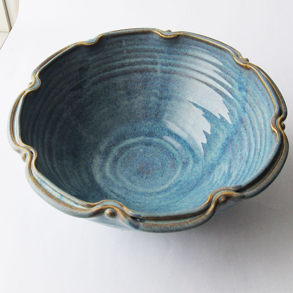 Serving Bowl with a Ruffled Edge in Blue Brown Glaze READY TO SHIP