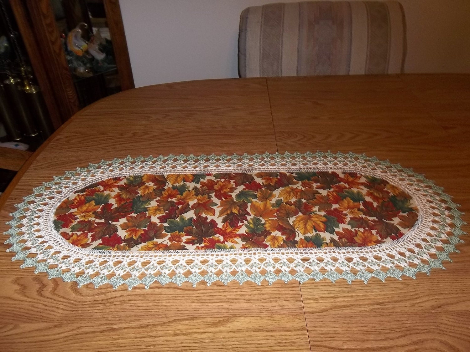 Crocheted Fall Leaves Table Runner 16 x 36 Fabric Center