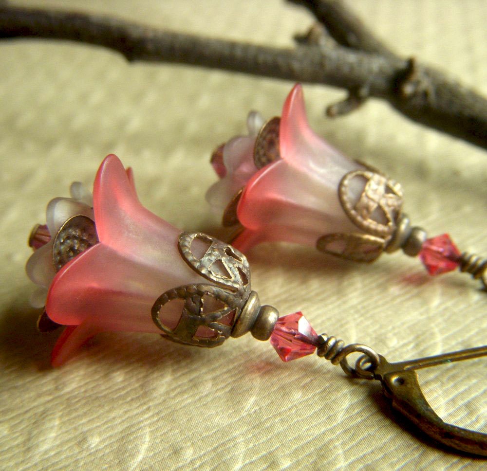 Lucite Floral Earrings on Brass . Vintage Inspired Soft Rose Dangle Boho . Spring Garden