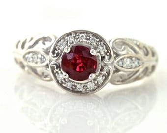 14K Vintage Ruby Ring Diamond Halo Ruby Engagement Ring Custom Art Nouveau 14K White Yellow Gold Platinum Bridal Jewelry