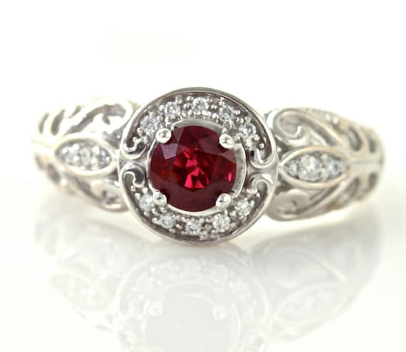 14K Vintage Ruby Ring Diamond Halo Ruby Engagement Ring Custom Art Nouveau 14K White Yellow Gold Platinum Bridal Jewelry