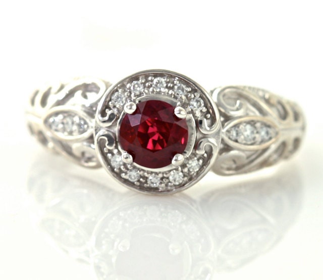 14K Vintage Ruby Ring Diamond Halo Ruby Engagement Ring Custom Art Nouveau 14K White Yellow Gold Platinum Bridal Jewelry