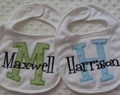 Personalized Gift Set of 2 Baby boy Bibs with Appliqued INiTiaL in MiNKy and embroidered name in Navy Blue, Light Blue, and Green for TWiNS