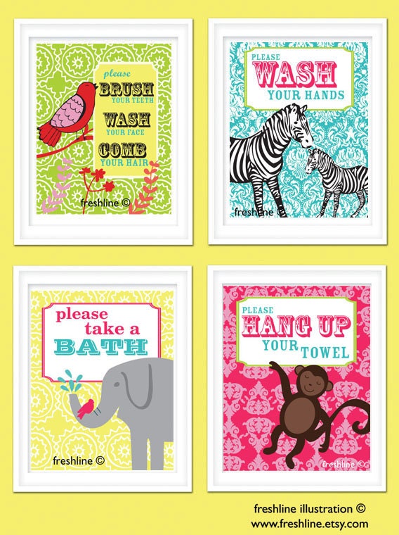 Kids Bathroom Art - Wash Your Hands, Brush Your Teeth, Take A Bath - Zebra, Elephant, Bird, Owl, Giraffe - Set of Four 8x10 Art Print