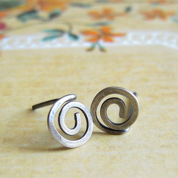 Tiny Swirl Oxidized Sterling Silver Post Earrings, Handade Hammered Wire Studs