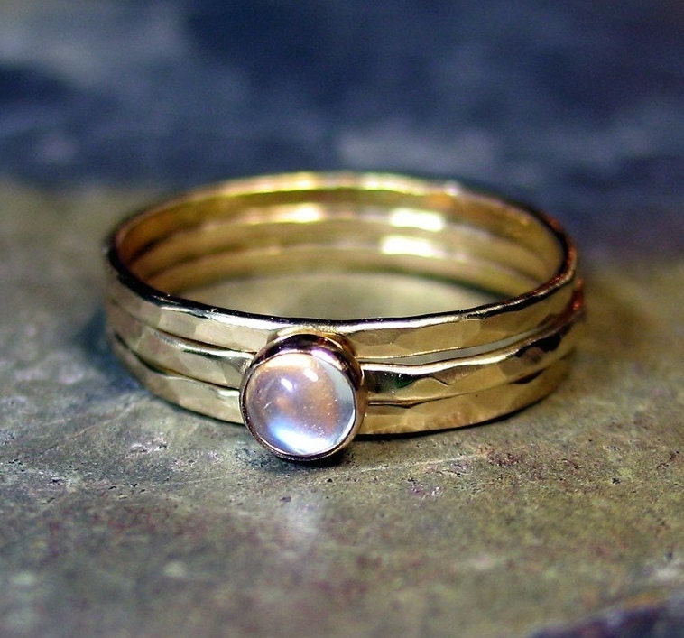 Hammered 14kt Solid Gold Stack Rings Pinky rings with Blue Moonstone - Once in a Blue Moon