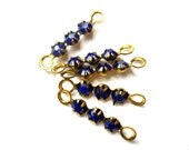 6 Vintage Swarovski crystal connector beads, 3 dark blue rhinestones in metal setting- RARE