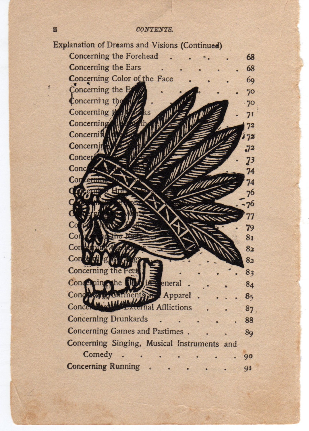 Chief Broken Tooth Indian Skull Linoleum Block Print on Book Page
