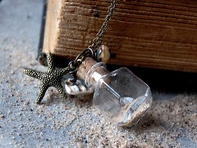 Sea Wishes - Glass Bottle Necklace, Sand. Starfish, Seashell, Victorian, Boho