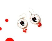 Earrings  with .925 Sterling Silver Post - Polkadots cat. Glass jewelry. Cat earrings.