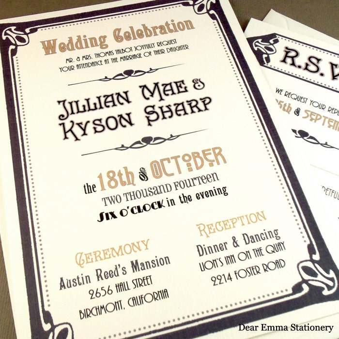 Art Deco Wedding Invitations and response card set - Great Gatsby Daisy Suite -  Sample