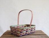 Vintage Rustic Woven Basket / Sunwashed Hues / Green Purple and Pink / Fall Harvest - GingerRootVintage