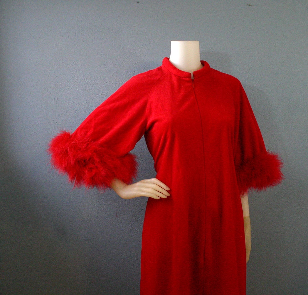60s Red Zip Up Robe With Marabou Trim  - Vintage Lingerie