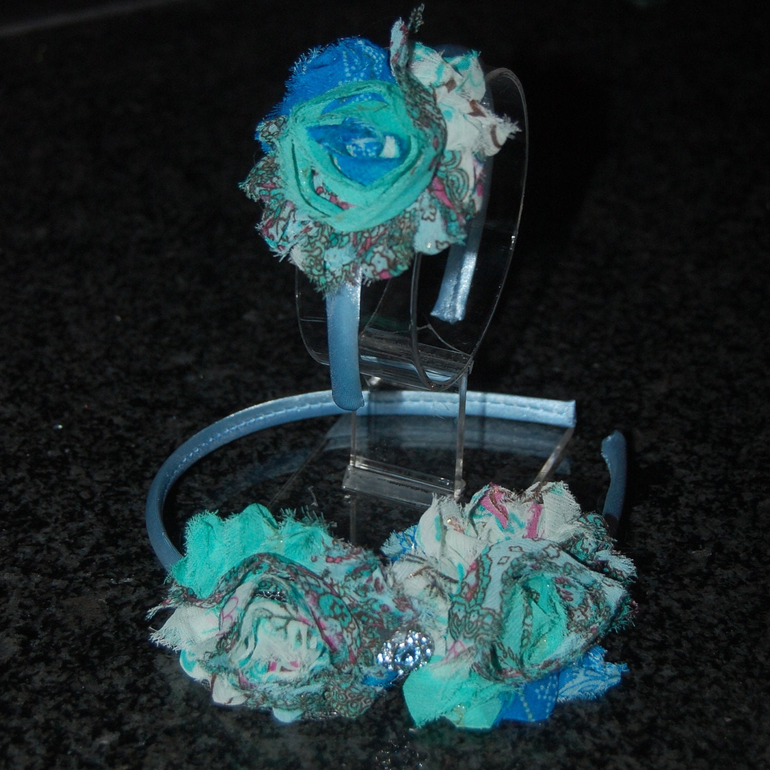 Doll and Child set peacock swirl / blue covered headband with shabby chiffon flower for 15 to 18 inch dolls like American Girl Doll