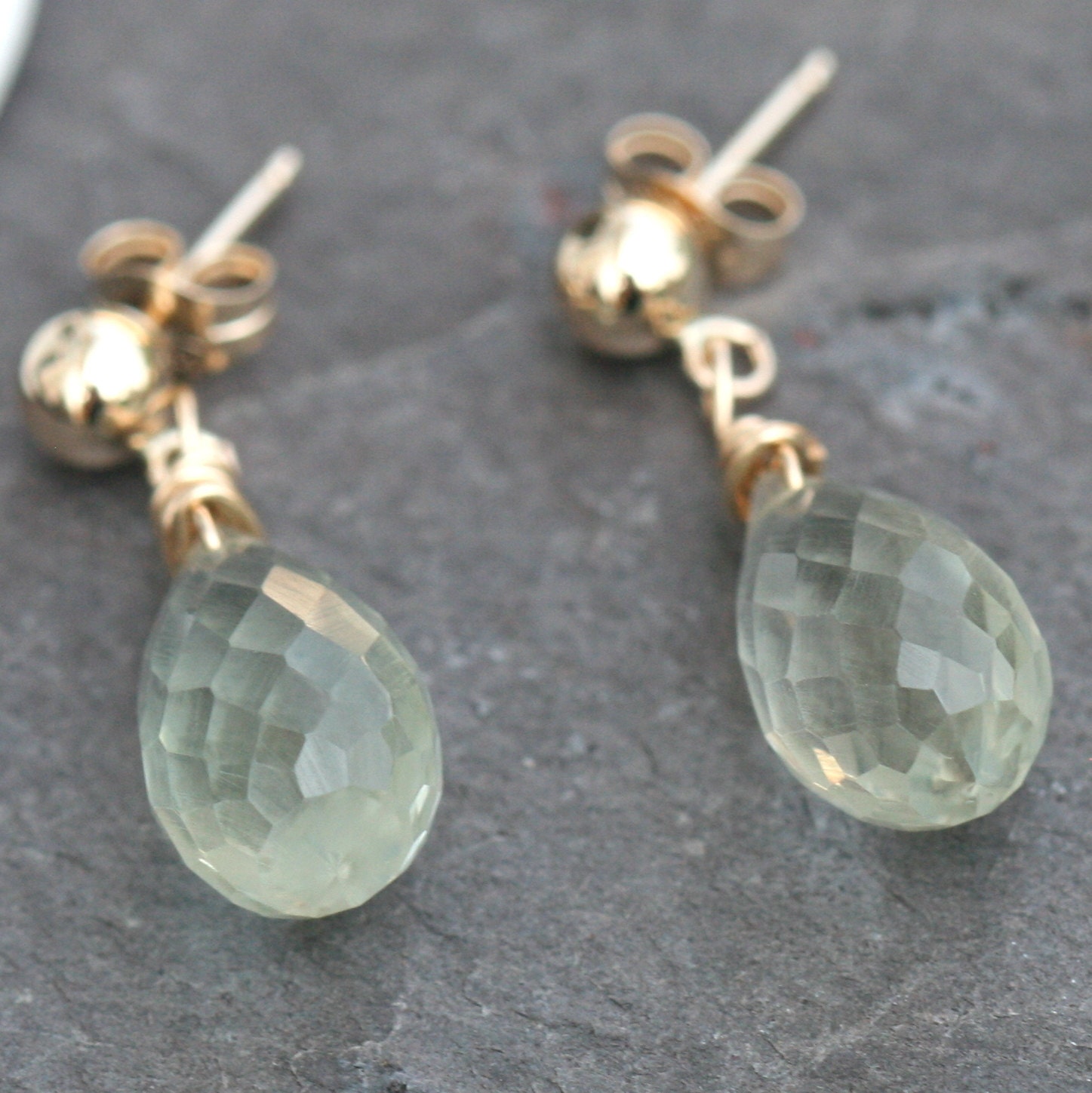 Solid 14k Gold AAA Green Amethyst Earrings Posts Dangle Gemstone by Maggie McMane Designs - MaggieMcManeDesigns