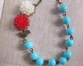 Nature Garden inspired Off White and Red Pompom Chrysanthemum, Bird & Bright Blue Glass Necklace