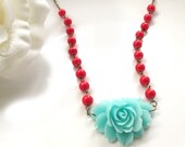 Seafoam Large Rose with Apple Red Glass beads Long Necklace. Simple Gift. Nature Woodlands Inspired.