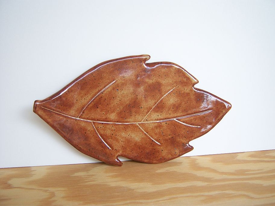 Stoneware Ceramic Leaf Plate in Shino Glaze - Rusty Orange Leaf Plate