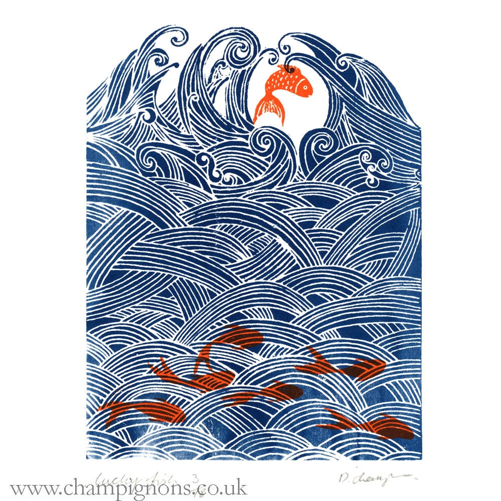 seven fish for luck. Original hand pulled screen print.