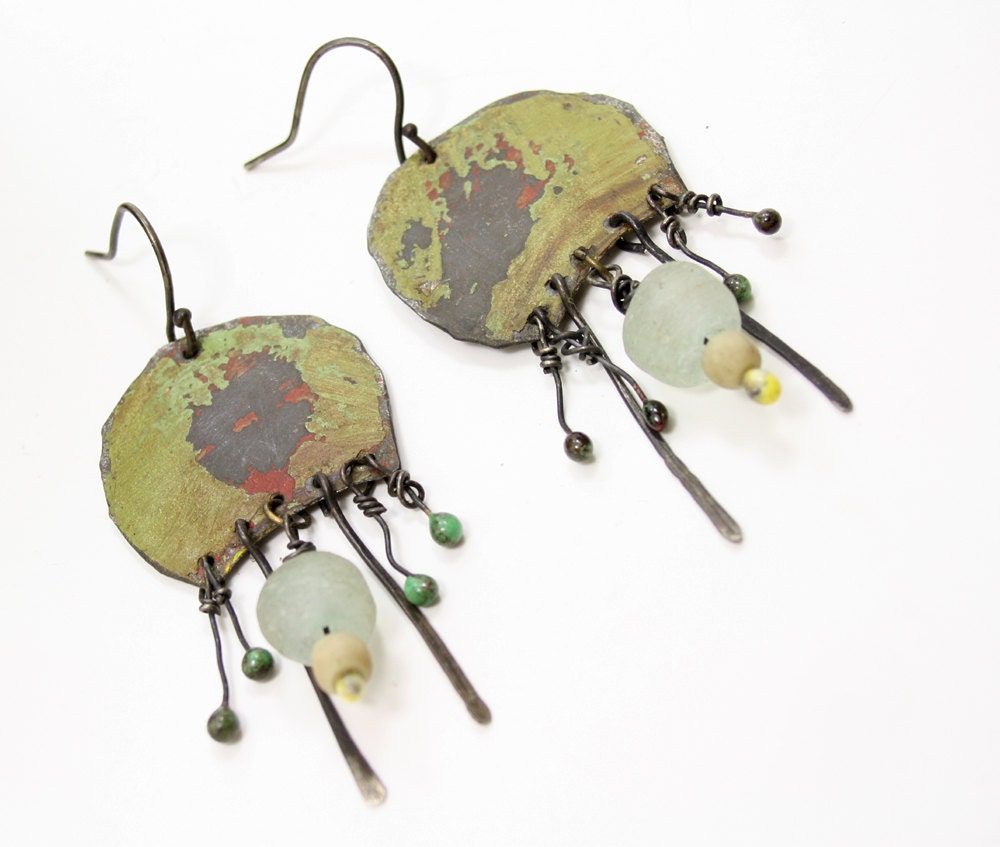 recycled tin tribal earrings with recycled glass beads