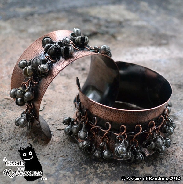 Gypsy Glitz Silver--pair of wide copper cuffs with silver bells