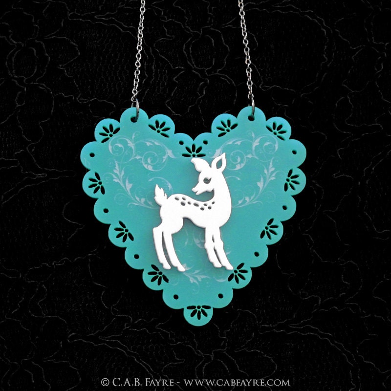 Doe-Eyed Deer Necklace - On Scalloped Egde Heart -  Acrylic Laser Cut Necklace (C.A.B. Fayre Original Design)