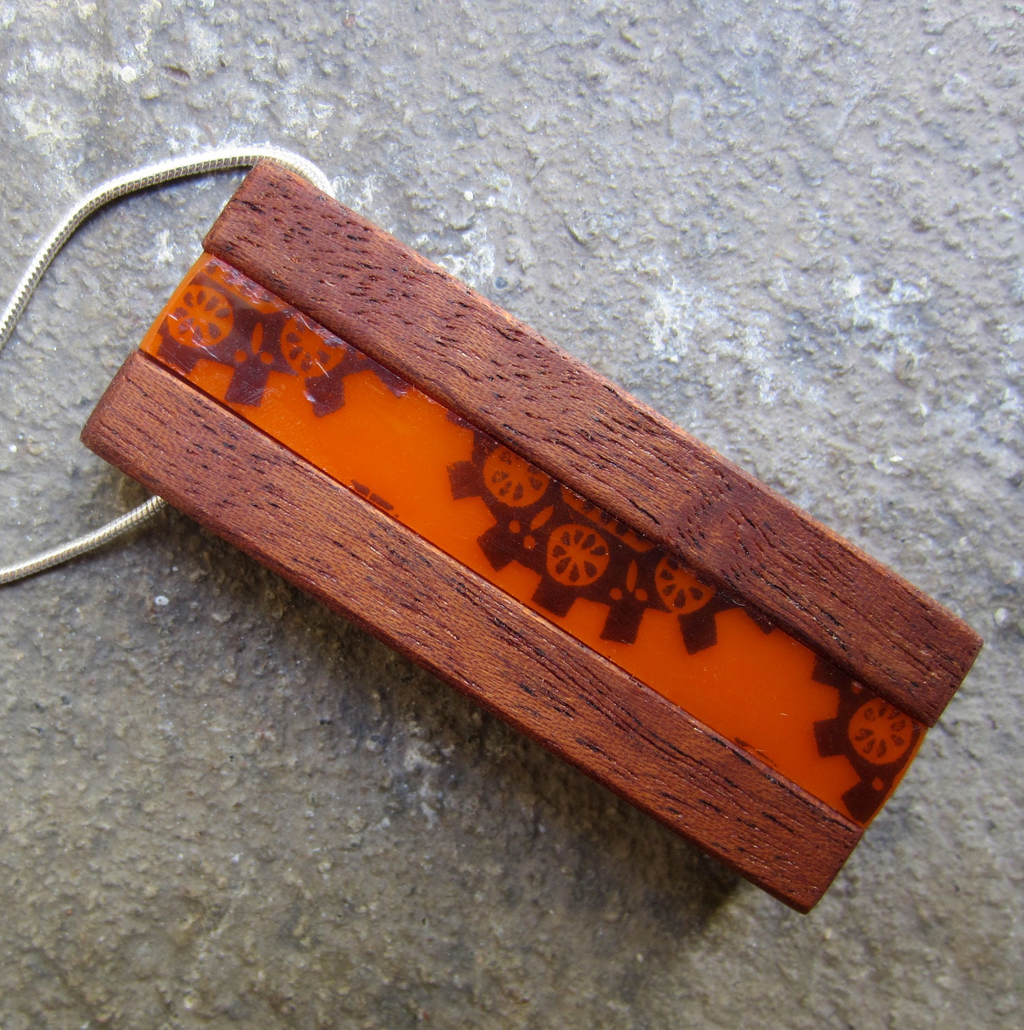 Glass and Wood Pendant Necklace, Wood Jewelry, Orange wood necklace