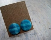 button earrings - turquoise and teal plaid - pattern placement varies