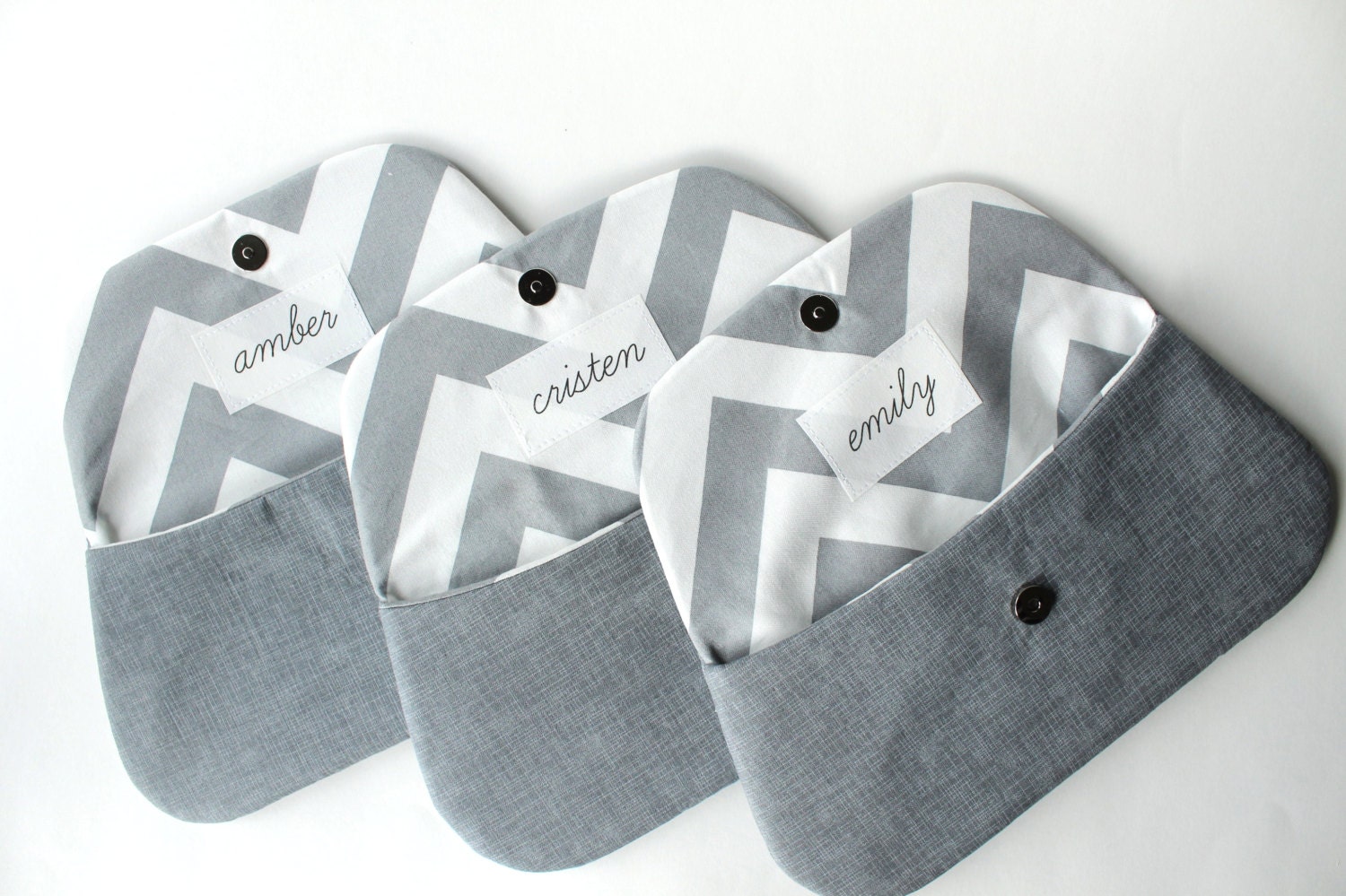 Bridesmaid Clutch Purse, Personalized Bridesmaid Gift, Name or Message, Wedding Clutch, Set of 4, Gray Chevron