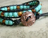 Black Leather Wrap Turquoise Boho Bracelet -Czech Glass /Asian Copper Button