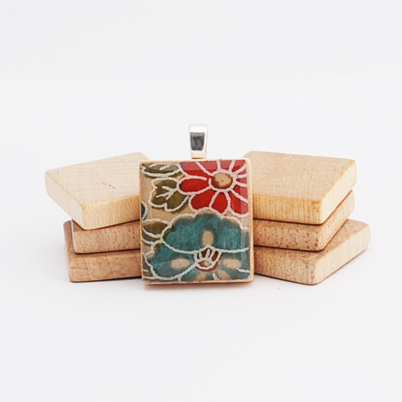 Japanese Washi Paper Scrabble Pendant - Blooming Beauty